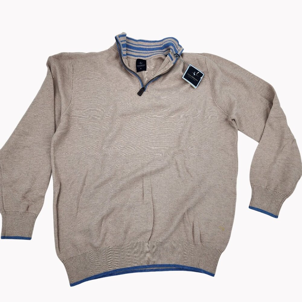 TailorByrd Men’s XL 1/4 Zip Sweater Beige Blue Trim Cotton Knit Pullover New